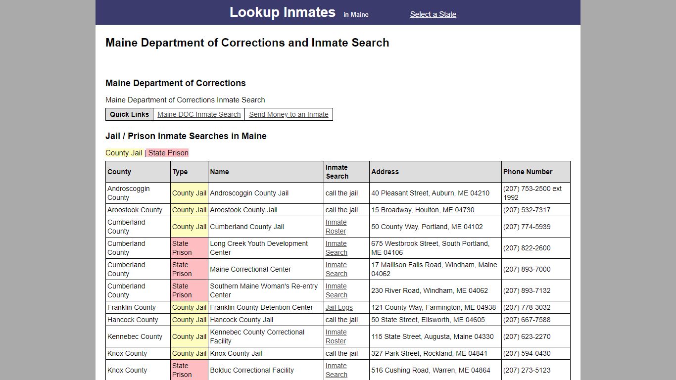 Maine Department of Corrections and Inmate Search